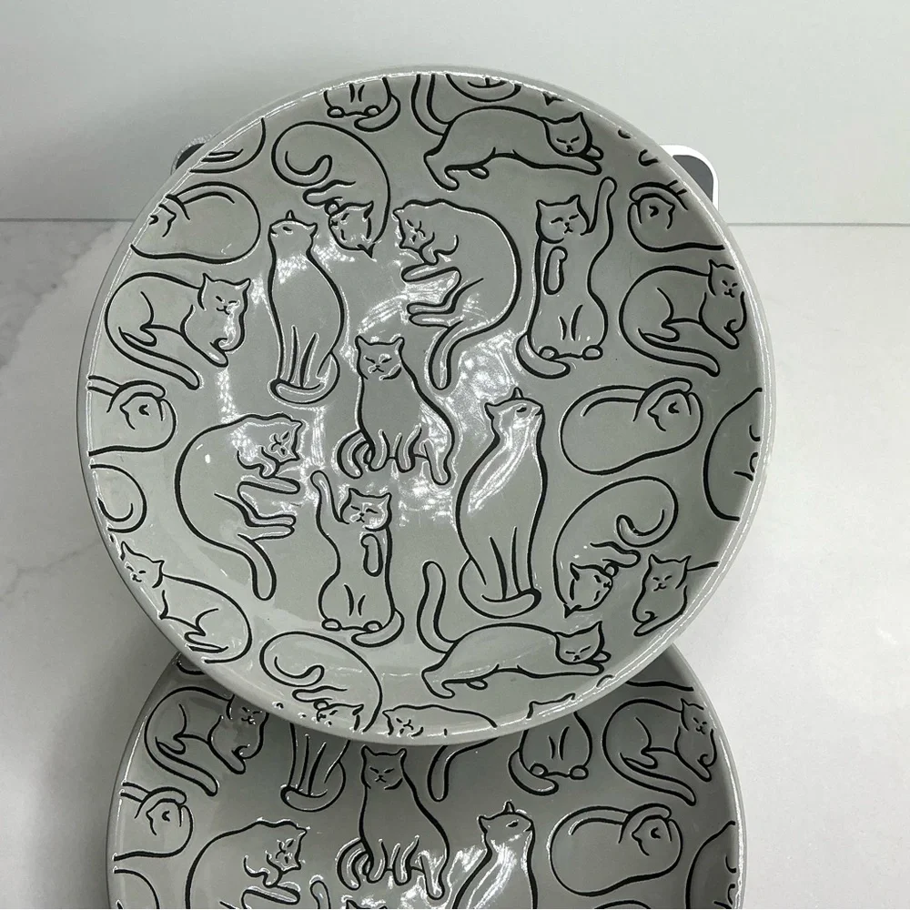 2 Signature Cat Pet Bowl Plate Food Dish Plate Adorable Gray 6” New